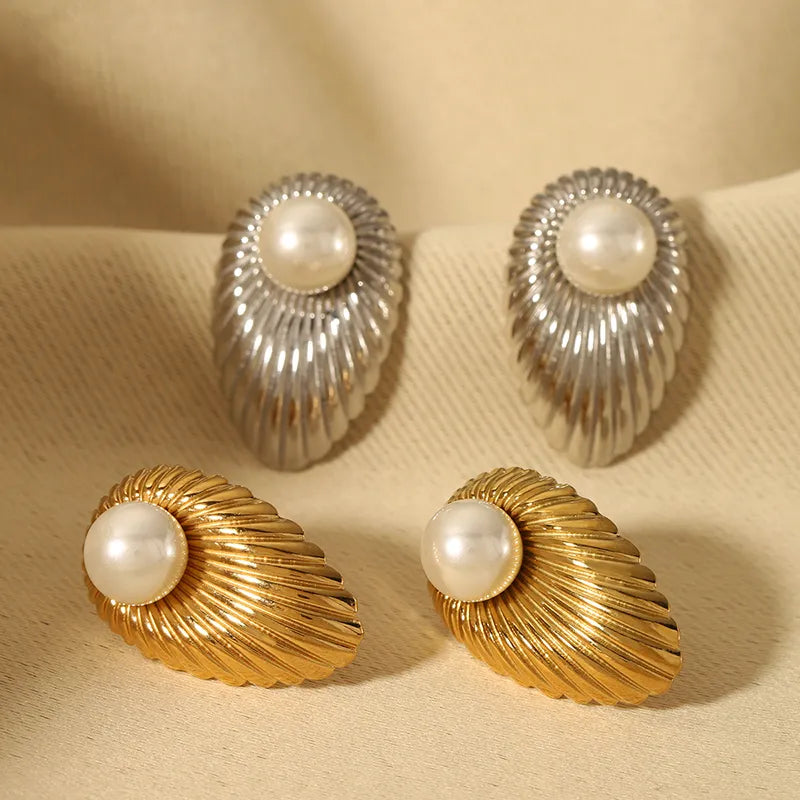 Orecchini di perle a coste in acciaio argentato-EA528