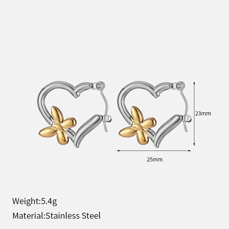Σκουλαρίκια ατσάλι ασημί καρδιά με χρυσή πεταλούδα-EA007