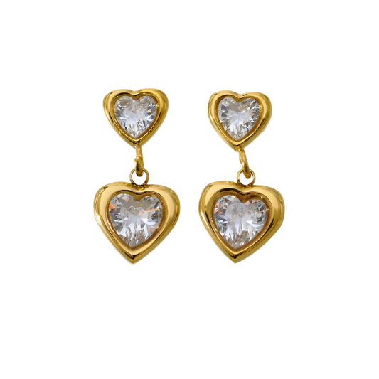 Gold earrings with two hearts from zircon-ea081