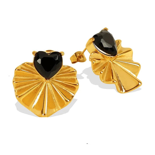 Earrings Gold Plated Steel with Black Hearts-EA433