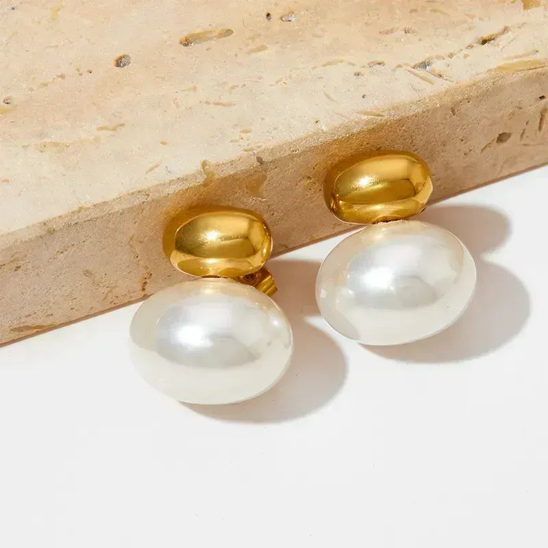 Pendientes de perlas ovaladas de acero-EA511