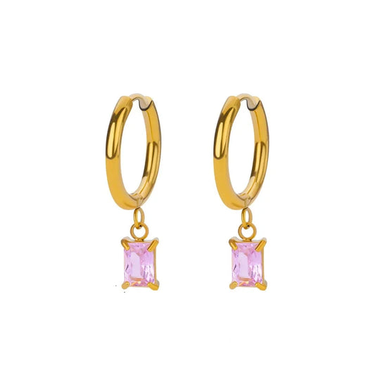 Steel earrings with rectangular pink zircon-ea641