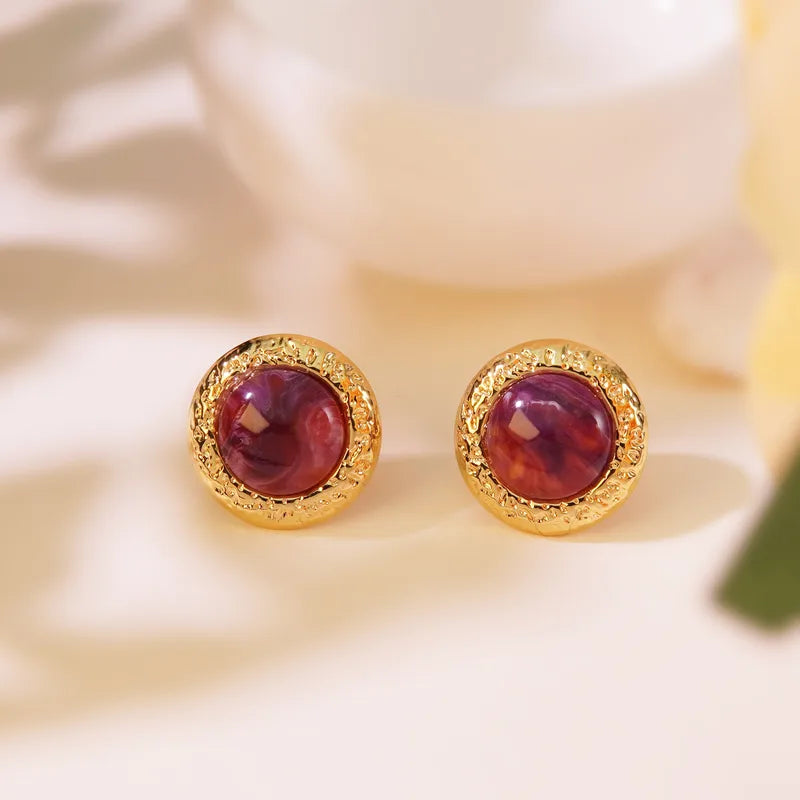 Σκουλαρίκια επιχρυσωμένο ατσάλι στρόγγυλα μωβ με χρυσό πλαίσιο-EA447