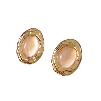 Σκουλαρίκια ατσάλι οβάλ με μπεζ πέτρα-EA321