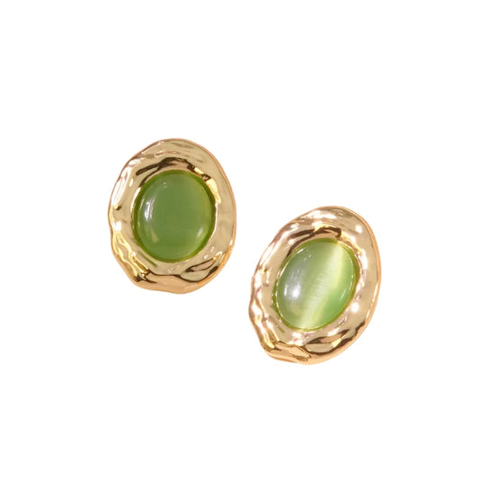 Golden earrings with frame and green stone-ea476