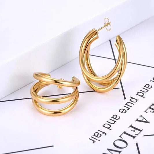 Earrings gold steel with triple link-ea475