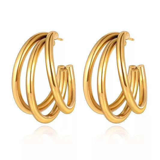 Earrings gold steel with triple link-ea475