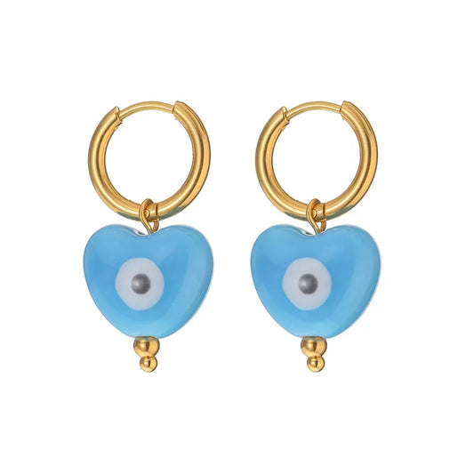 Earrings Gold Plated Blue Hearts with Eye-EA051