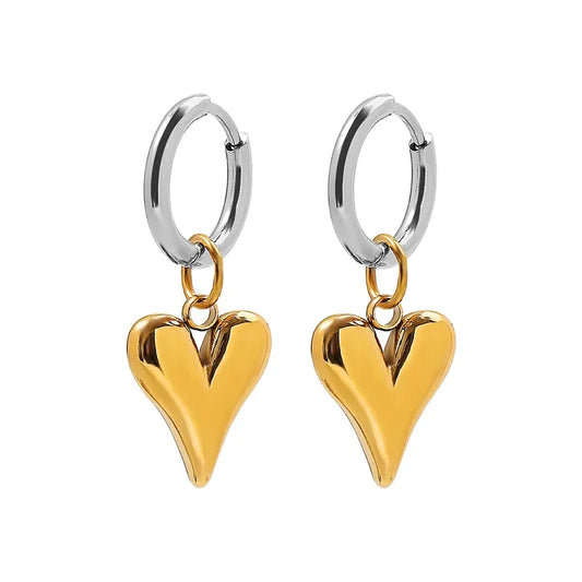 Earrings of steel silver link and golden hearts-ea576