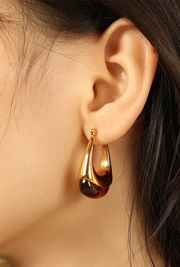 Earrings Gold Plated Oval with brown resin-ea553