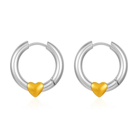 Earrings of steel silver link and golden heart-ea277