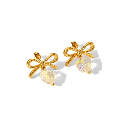 Earrings gold steel with bow and heart stone-ea396