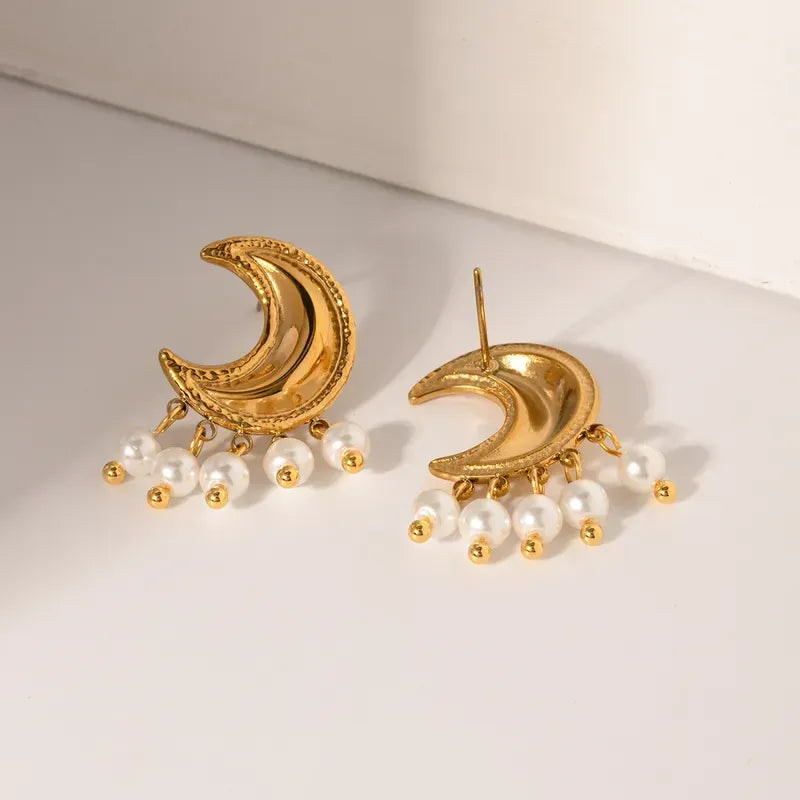 Boucles d'Oreilles Grande Lune et Perle Acier-EA500