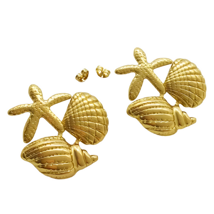 Σκουλαρίκια επιχρυσωμένο ατσάλι κοχύλια και αστερίας καρφωτά-EA401