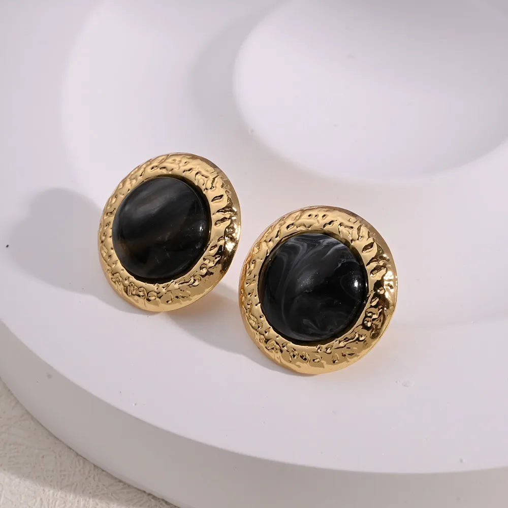 Earrings gold-plated black round with gold frame-EA056