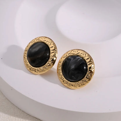 Earrings gold-plated black round with gold frame-EA056