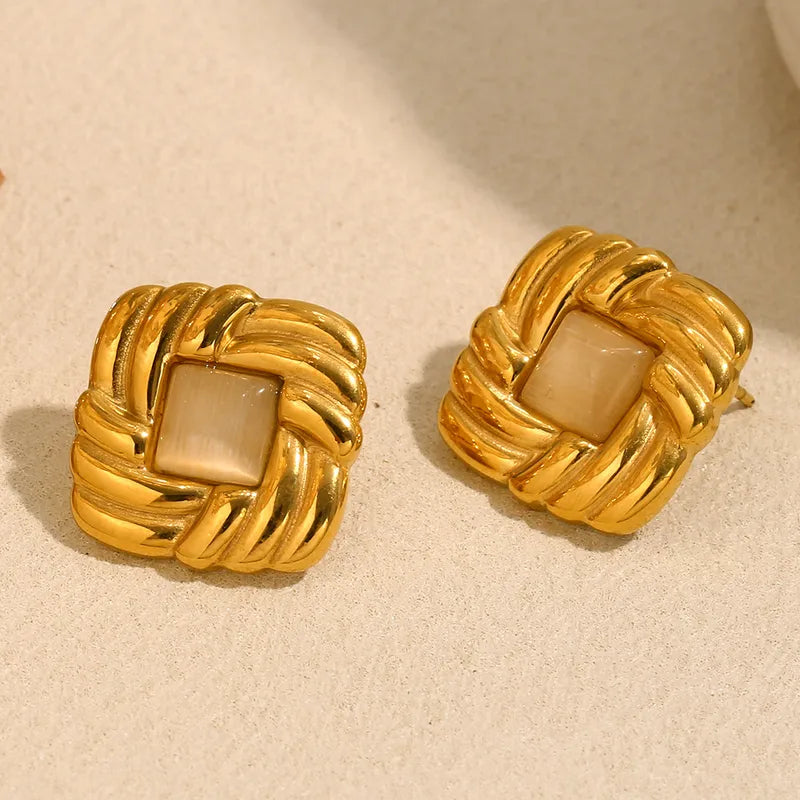 Σκουλαρίκια επιχρυσωμένο ατσάλι τετράγωνα με ροζ πέτρα-EA381