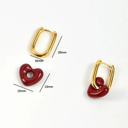 Earrings steel oval link with red heart-ea285