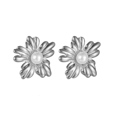 Earrings of steel flowers with pearl-ea015