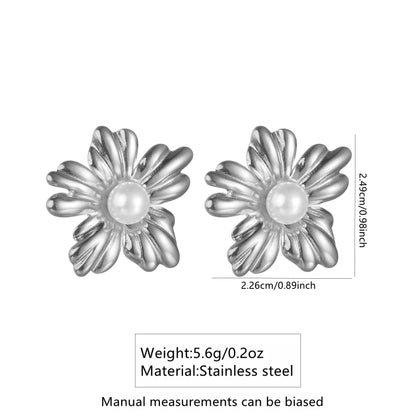 Earrings of steel flowers with pearl-ea015