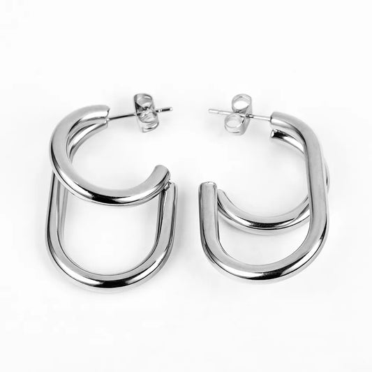 Earrings of silver steel oval and cycle-ea177