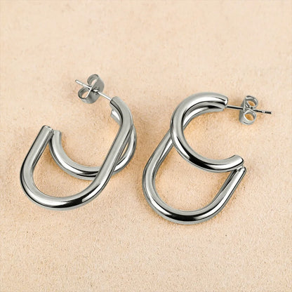 Earrings of silver steel oval and cycle-ea177