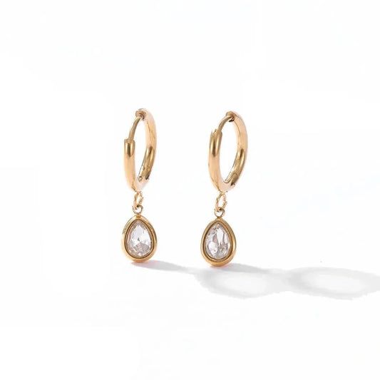 Earrings gold steel simple link with Zircon-ea604 tear