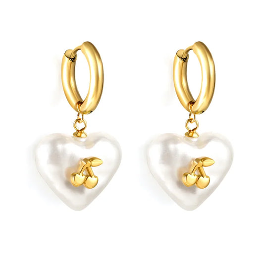 Earrings of steel white heart with cherries-ea609