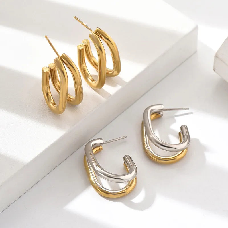 Oval steel earrings with gold and silver color-ea322