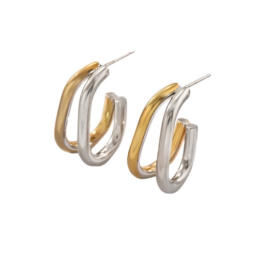 Oval steel earrings with gold and silver color-ea322