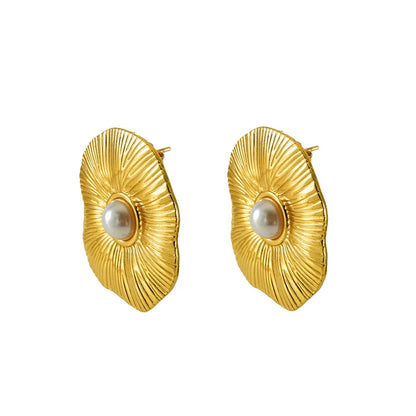 Earrings of steel panel gold with pearl - EA575