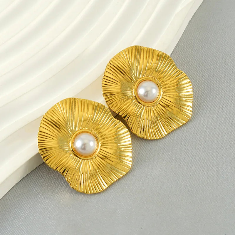 Earrings of steel panel gold with pearl - EA575