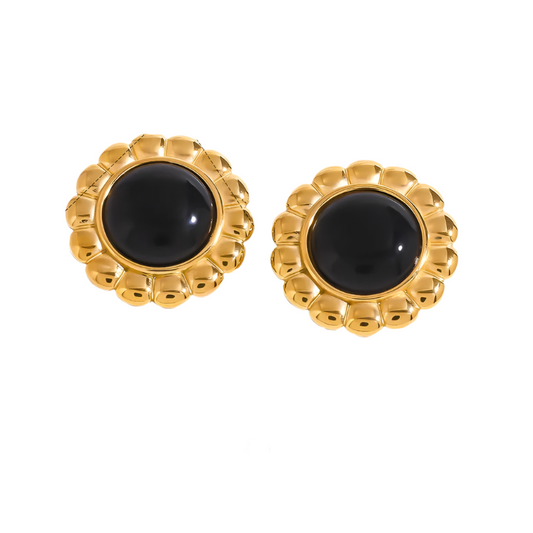 Earrings gold steel with black stone-ea589