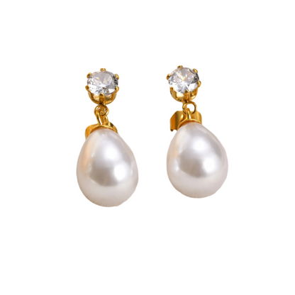 Earrings gold steel with oval pearl and stone-ea427