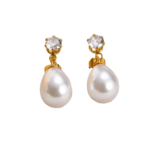 Earrings gold steel with oval pearl and stone-ea427