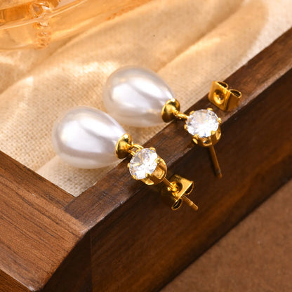 Earrings gold steel with oval pearl and stone-ea427