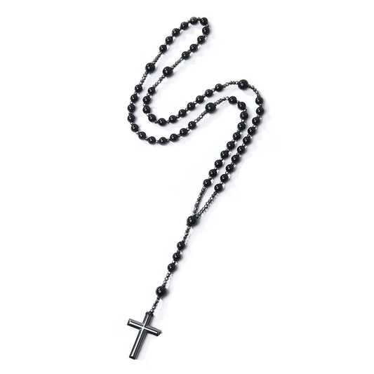 Necklace with black stones and cross -Ne057