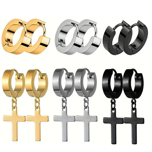 Earrings Set 6 pairs of steel rings with cross-ea096