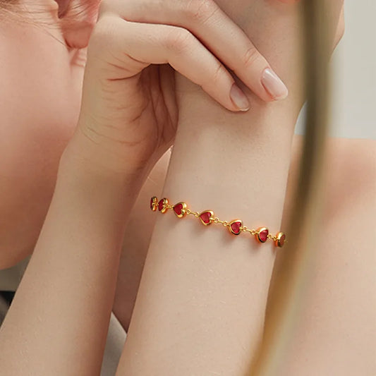 Βραχιόλι επιχρυσωμένο ατσάλι με κόκκινες καρδιές-BR270