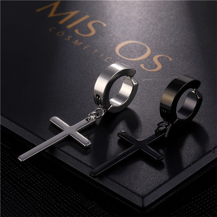 Earring black steel cross 1 piece-ea375