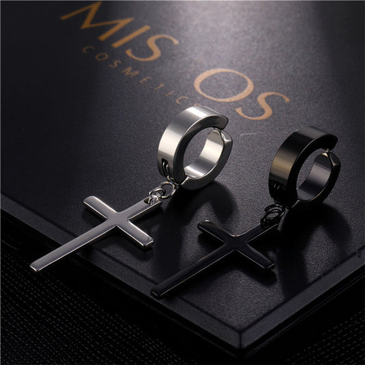 Earring black steel cross 1 piece-ea375