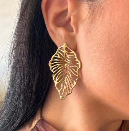Σκουλαρίκια επιχρυσωμένο ατσάλι περίγραμμα φύλλου-EA310