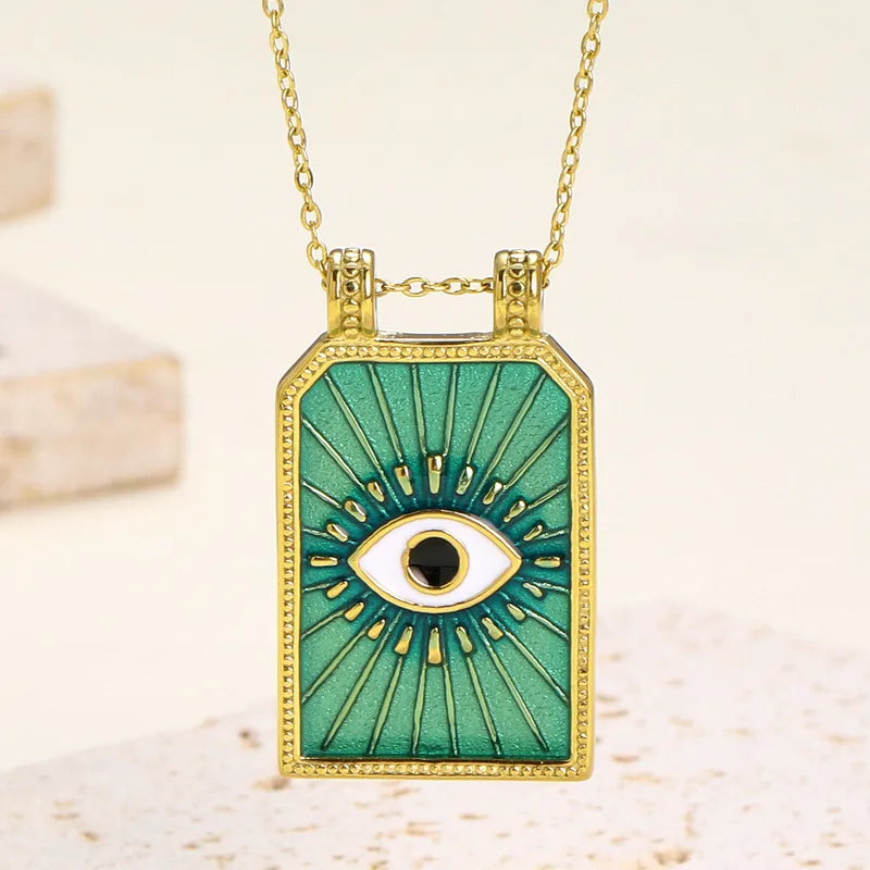 Κολιέ επιχρυσωμένο ατσάλι ορθογώνιο τιρκουάζ με μάτι-NE555