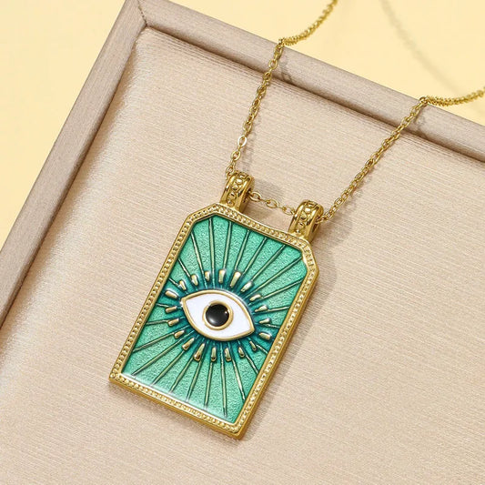 Colier dreptunghiular cu ochi turcoaz din oțel placat cu aur-NE555