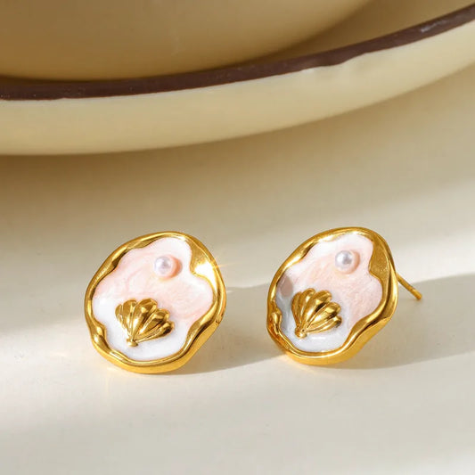 Σκουλαρίκια επιχρυσωμένο ατσάλι ροζ με κοχύλι- EA728