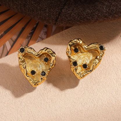 Σκουλαρίκια επιχρυσωμένο ατσάλι καρδιές με μαύρα στρας- EA809