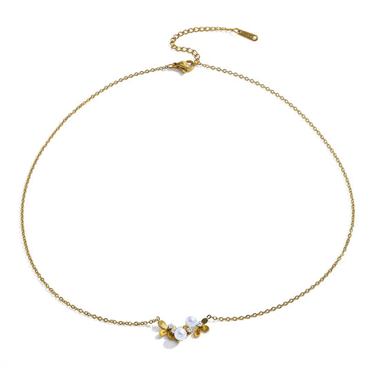 Colier din oțel placat cu aur cu perle și zirconi-NE339