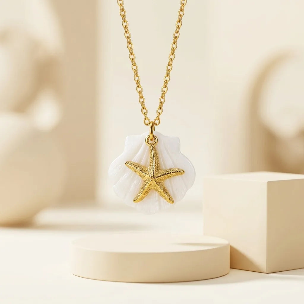 Collana con perle blu e stella marina in acciaio - NE449