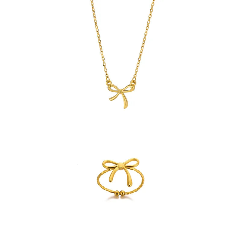 Σετ επιχρυσωμένο ατσάλι φιόγκος κολιέ και δαχτυλίδι-SET047