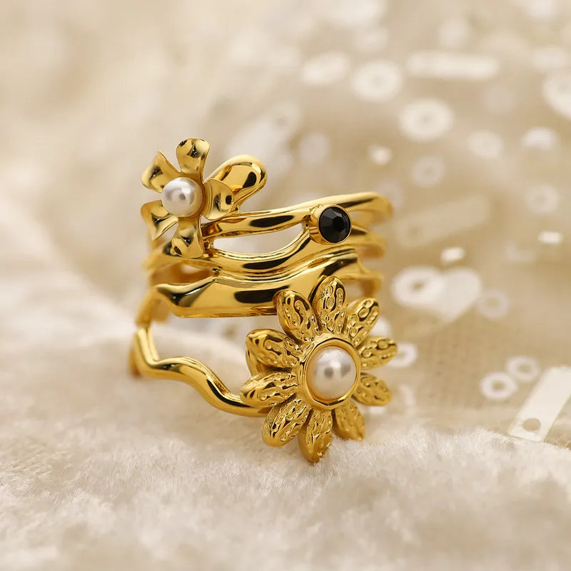 Δαχτυλίδι επιχρυσωμένο ατσάλι με zircon και λουλούδια-R165